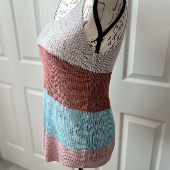 Women's Locked Stitched Colorful Striped Grey, Brown, Turquoise & Pink Tank Top - Picture 5 of 6